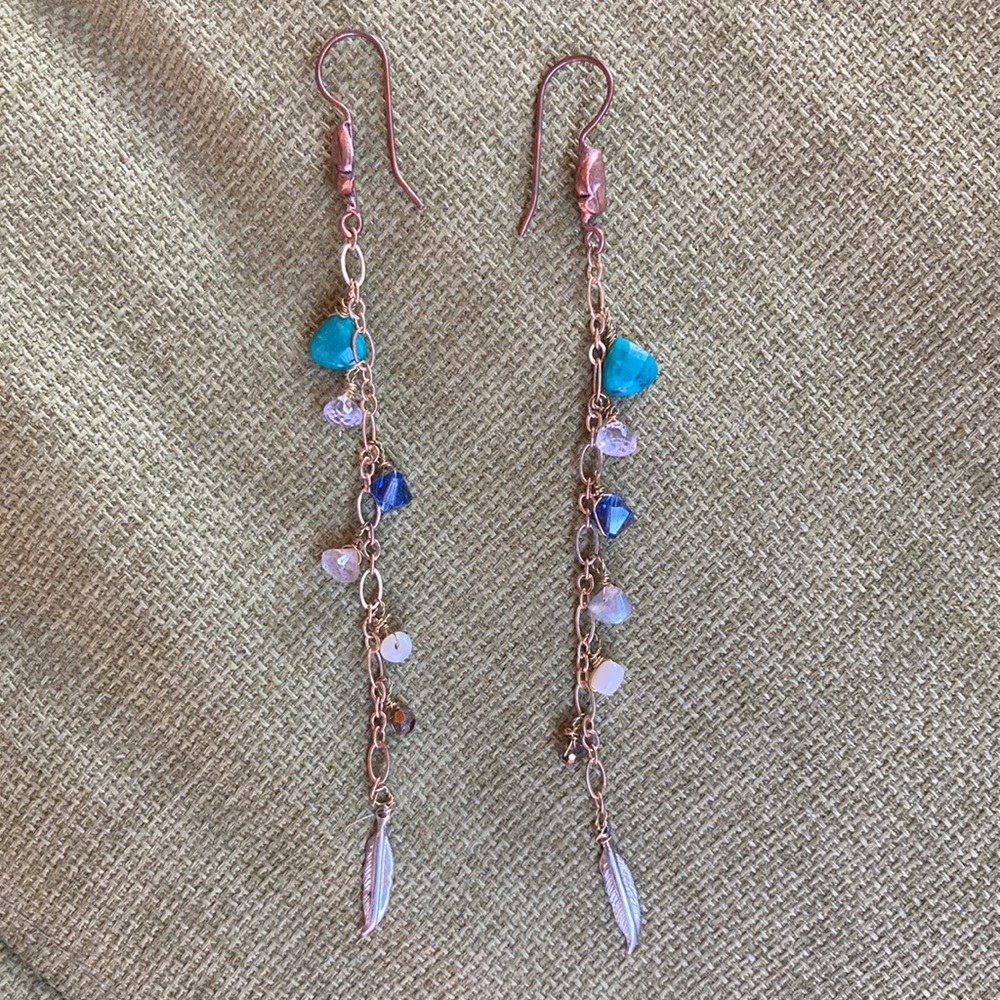 Handmade Jewel and Feather Copper Drop Earrings